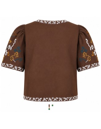 Brown Embroidered Puff Sleeve Top