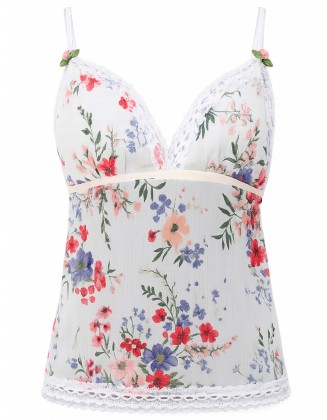 White Floral Lace Trim Cami Top