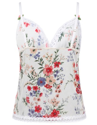 White Floral Lace Trim Cami Top