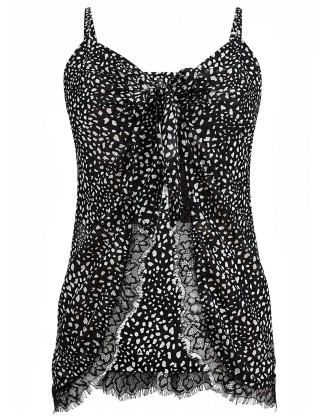 Black Printed Lace Trim Cami Top
