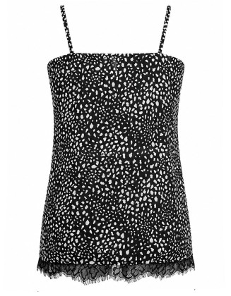 Black Printed Lace Trim Cami Top