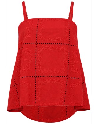 Red Embroidered Square Neck Cami Top
