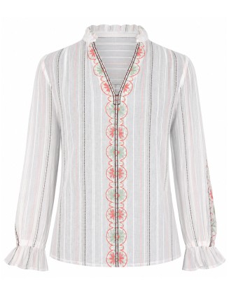 White Stripe Embroidered V-Neck Blouse