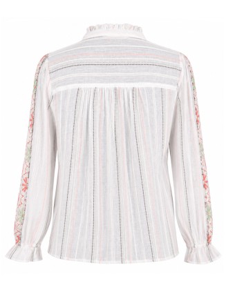 White Stripe Embroidered V-Neck Blouse