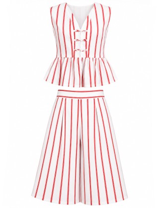 Striped Peplum Top with Wide-Leg Pants Co-Ord Set
