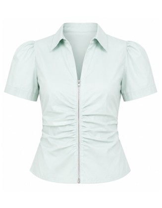 Mint Green Ruched Zip-Front Blouse