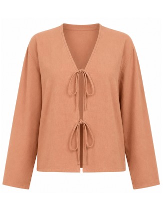 Camel Tie-Front V-Neck Top