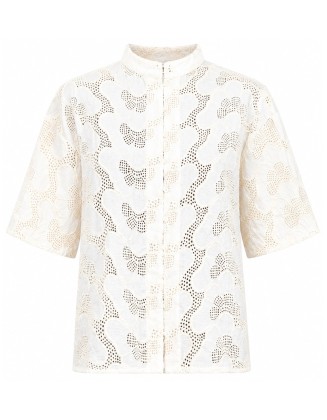 White Floral Ruffle-Sleeve Blouse