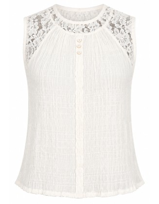White Lace-Detail Textured Sleeveless Top