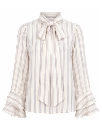 Striped Blouse with Bow Tie Neck and Flared Cuffs