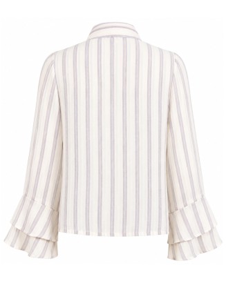 Striped Blouse with Bow Tie Neck and Flared Cuffs