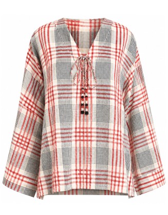 Red Plaid V-Neck Blouse with Tie Detail