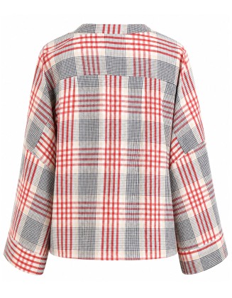 Red Plaid V-Neck Blouse with Tie Detail