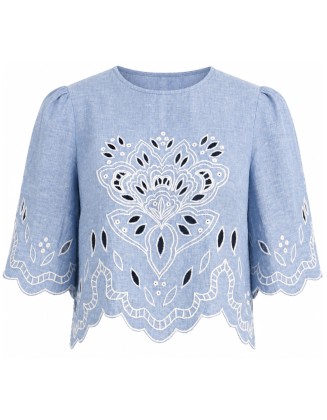 Chambray Embroidered Scallop Hem Top