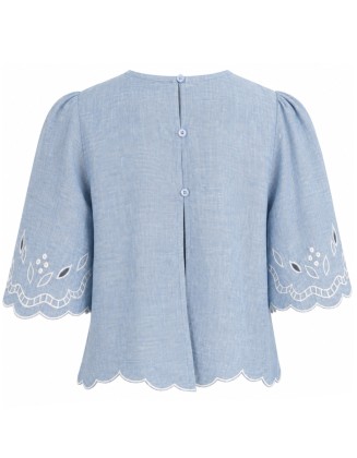 Chambray Embroidered Scallop Hem Top