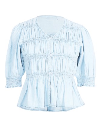 Denim Blouse with Smocking