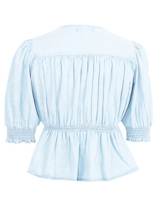 Denim Blouse with Smocking