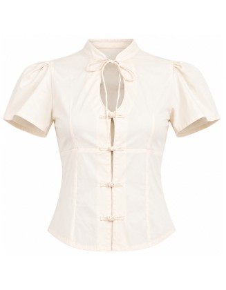 Ivory Short Sleeve Mandarin Collar Top
