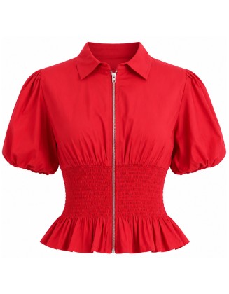Red Puff Sleeve Smocked Peplum Top