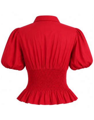 Red Puff Sleeve Smocked Peplum Top