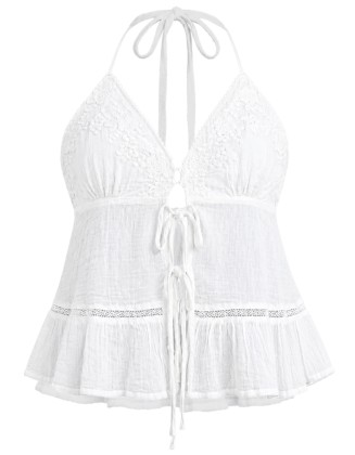 White Embroidered Halter Crop Top