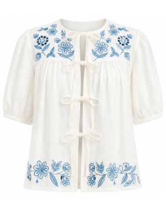 White, Blue Floral Embroidered Tie-Front Blouse