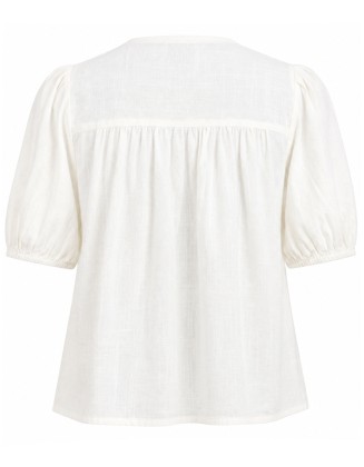 White, Blue Floral Embroidered Tie-Front Blouse