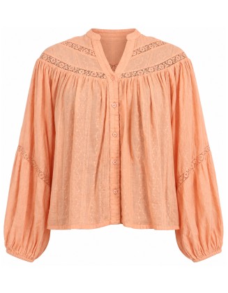 Peach Embroidered Blouse with Lace Panels, V-Neckline