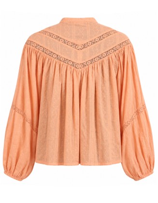 Peach Embroidered Blouse with Lace Panels, V-Neckline