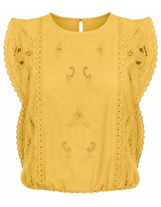 Embroidered Eyelet Blouse with Lace Trim