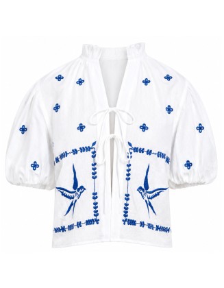 White Cotton Blouse with Blue Embroidered