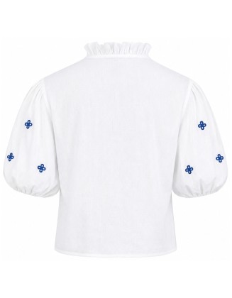 White Cotton Blouse with Blue Embroidered