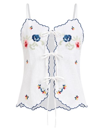 White Floral Embroidered Lace-Up Crop Top