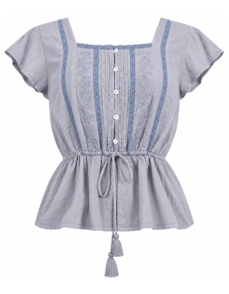  Embroidered Peplum Top with Square Neckline, Lace Trim and Drawstring Waist