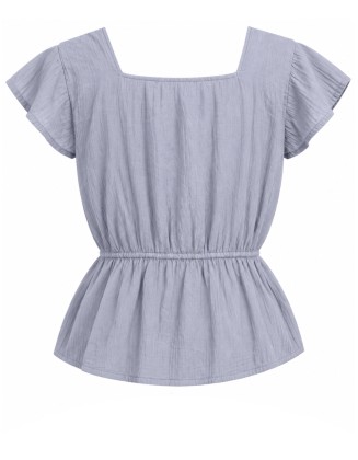  Embroidered Peplum Top with Square Neckline, Lace Trim and Drawstring Waist