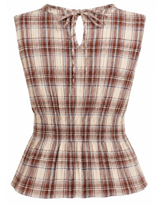 Brown Plaid Sleeveless Tie-Neck Peplum Top
