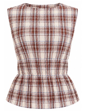 Brown Plaid Sleeveless Tie-Neck Peplum Top