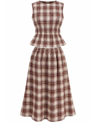 Brown Plaid Peplum Top & Midi Skirt Set