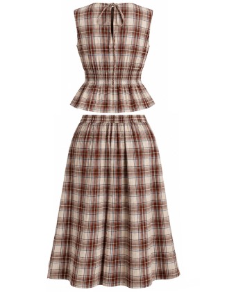 Brown Plaid Peplum Top & Midi Skirt Set