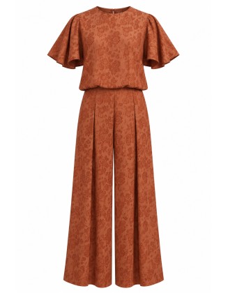 Rust Brown Floral Print Flutter-Sleeve Top & Wide-Leg Pants Co-ord Set