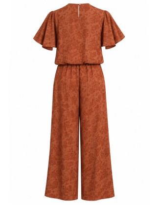 Rust Brown Floral Print Flutter-Sleeve Top & Wide-Leg Pants Co-ord Set