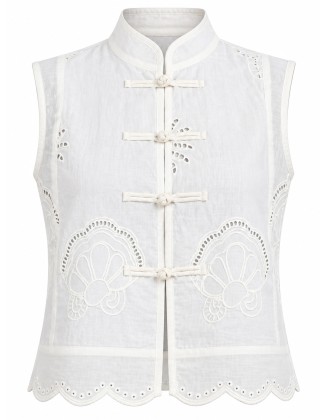 Eyelet Embroidered Mandarin-Collar Sleeveless Vest
