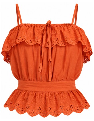 Rust Orange Eyelet Lace Off-Shoulder Top