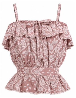 Rose Paisley Print Cold  Shoulder Ruffle Peplum Top