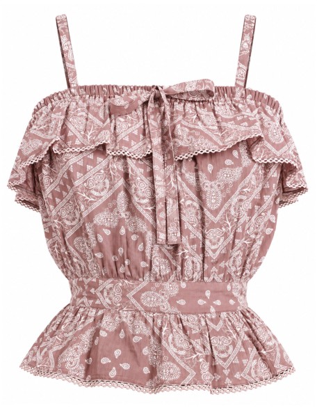 Rose Paisley Print Cold  Shoulder Ruffle Peplum Top