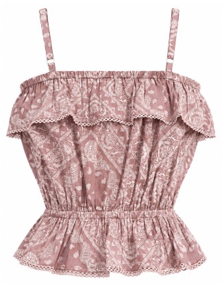 Rose Paisley Print Cold  Shoulder Ruffle Peplum Top