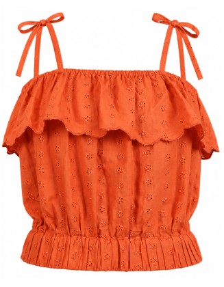 Rust Orange Eyelet Embroidered Tie-Strap Top