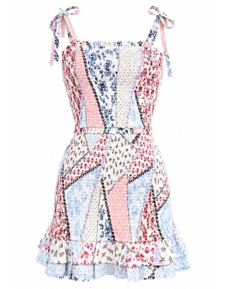 Printed Smocked Tie-Strap Ruffle Dress
