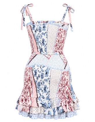 Printed Smocked Tie-Strap Ruffle Dress