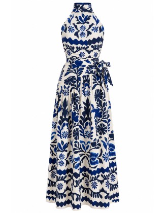 Blue Floral Halter-Neck Maxi Dress
